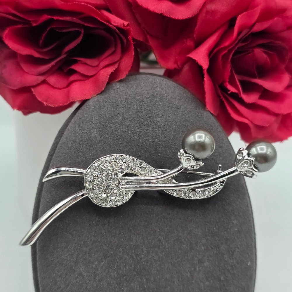 Silver Tone Grey Faux Pearl Rhinestone Floral Spray Brooch Pin Designer Style